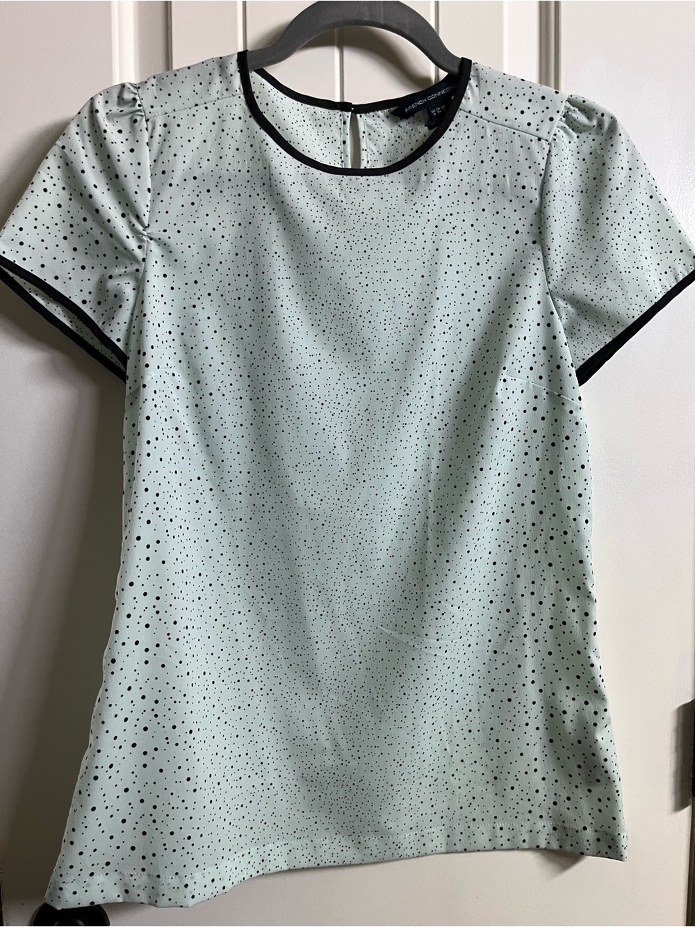 French Connection Mint Green Dot-Print Short Sleeve Blouse with Black Trim